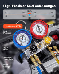 AC Manifold Gauge Set for R22 R404A R410A R12 Refrigerants, 4 Way AC Gauges with 1.5 m Hoses for Automotive & Household Air Conditioning Maintenance, Evacuation Vacuuming Charging and Recovery