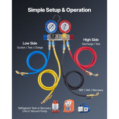 AC Manifold Gauge Set for R22 R404A R410A R12 Refrigerants, 4 Way AC Gauges with 1.5 m Hoses for Automotive & Household Air Conditioning Maintenance, Evacuation Vacuuming Charging and Recovery