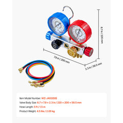 AC Manifold Gauge Set for R22 R404A R410A R12 Refrigerants, 4 Way AC Gauges with 1.5 m Hoses for Automotive & Household Air Conditioning Maintenance, Evacuation Vacuuming Charging and Recovery