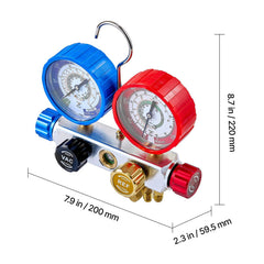 AC Manifold Gauge Set for R22 R404A R410A R12 Refrigerants, 4 Way AC Gauges with 1.5 m Hoses for Automotive & Household Air Conditioning Maintenance, Evacuation Vacuuming Charging and Recovery