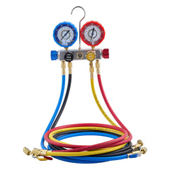AC Manifold Gauge Set for R22 R404A R410A R12 Refrigerants, 4 Way AC Gauges with 1.5 m Hoses for Automotive & Household Air Conditioning Maintenance, Evacuation Vacuuming Charging and Recovery