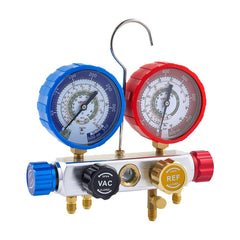AC Manifold Gauge Set for R22 R404A R410A R12 Refrigerants, 4 Way AC Gauges with 1.5 m Hoses for Automotive & Household Air Conditioning Maintenance, Evacuation Vacuuming Charging and Recovery