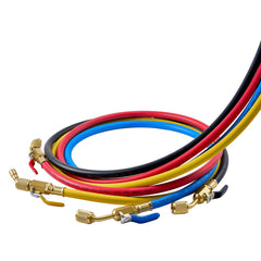 AC Manifold Gauge Set for R22 R404A R410A R12 Refrigerants, 4 Way AC Gauges with 1.5 m Hoses for Automotive & Household Air Conditioning Maintenance, Evacuation Vacuuming Charging and Recovery
