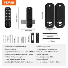 Mechanical Keyless Entry Door Lock, 14 Digit Keypad, Water-proof Zinc Alloy, Outdoor Gate Door Locks Set with Surface-mounted Latch, Keypad and Knob, Easy to Install, for Garden, Garage, Yard