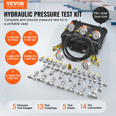 Hydraulic Pressure Test Kit, 10/100/250/400/600bar, 5 Gauges 13 Couplings 14 Tee Connectors 5 Test Hoses, Excavator Hydraulic Test Gauge Set with Carrying Case for Excavator Tractors Machinery