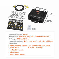 Hydraulic Pressure Test Kit, 10/100/250/400/600bar, 5 Gauges 13 Couplings 14 Tee Connectors 5 Test Hoses, Excavator Hydraulic Test Gauge Set with Carrying Case for Excavator Tractors Machinery