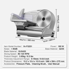 Meat Slicer, 180W Electric Deli Food Slicer with 7.5" SUS420 Stainless Steel Blade and Blade Guard, 0 - 0.6 inch Adjustable Thickness for Home Use, Easy to Clean, Cut Meat, Bread, Ham and Cheese