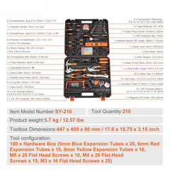Tool Kit 216 Piece General Household Hand Tool Set with Portable Tool Case