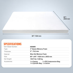 Mattress Topper Memory Foam Detachable & Washable Queen 76.2 mm Thickness