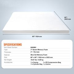 Mattress Topper Memory Foam Detachable & Washable Queen 76.2 mm Thickness