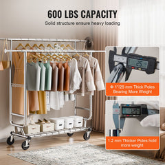 Heavy Duty Clothes Rack, Double Hanging Rod Clothing Garment Rack for Hanging Clothes, Adjustable Height and Extendable Length Clothing Rack with Bottom Storage Area, 272 KG Load Capacity