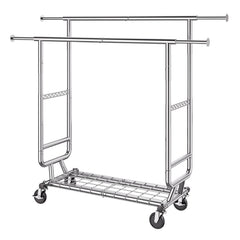 Heavy Duty Clothes Rack, Double Hanging Rod Clothing Garment Rack for Hanging Clothes, Adjustable Height and Extendable Length Clothing Rack with Bottom Storage Area, 272 KG Load Capacity