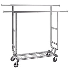 Heavy Duty Clothes Rack, Double Hanging Rod Clothing Garment Rack for Hanging Clothes, Adjustable Height and Extendable Length Clothing Rack with Bottom Storage Area, 272 KG Load Capacity