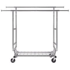 Heavy Duty Clothes Rack, Double Hanging Rod Clothing Garment Rack for Hanging Clothes, Adjustable Height and Extendable Length Clothing Rack with Bottom Storage Area, 272 KG Load Capacity