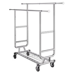 Heavy Duty Clothes Rack, Double Hanging Rod Clothing Garment Rack for Hanging Clothes, Adjustable Height and Extendable Length Clothing Rack with Bottom Storage Area, 272 KG Load Capacity