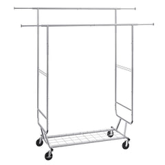 Heavy Duty Clothes Rack, Double Hanging Rod Clothing Garment Rack for Hanging Clothes, Adjustable Height and Extendable Length Clothing Rack with Bottom Storage Area, 272 KG Load Capacity