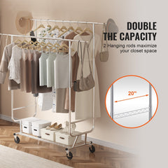Heavy Duty Clothes Rack, Double Hanging Rod Clothing Garment Rack for Hanging Clothes, Adjustable Height and Extendable Length Clothing Rack with Bottom Storage Area, 272 KG Load Capacity