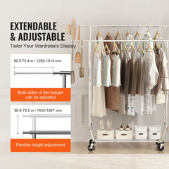 Heavy Duty Clothes Rack, Double Hanging Rod Clothing Garment Rack for Hanging Clothes, Adjustable Height and Extendable Length Clothing Rack with Bottom Storage Area, 272 KG Load Capacity