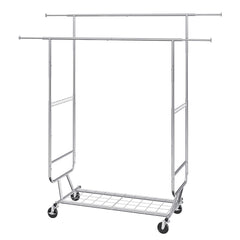 Heavy Duty Clothes Rack, Double Hanging Rod Clothing Garment Rack for Hanging Clothes, Adjustable Height and Extendable Length Clothing Rack with Bottom Storage Area, 272 KG Load Capacity