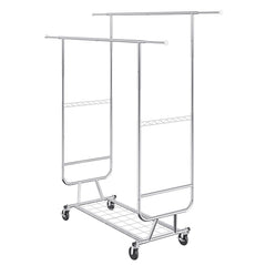 Heavy Duty Clothes Rack, Double Hanging Rod Clothing Garment Rack for Hanging Clothes, Adjustable Height and Extendable Length Clothing Rack with Bottom Storage Area, 272 KG Load Capacity