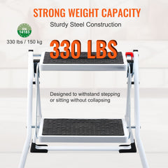 Step Ladder 2-Step 150kg Capacity, Ergonomic Folding Steel Step Stool with Wide Anti-Slip Pedal, Sturdy Step Stool for Adults Toddlers, Multi-Use for Household, Kitchen, Office, RVs