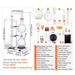 Essential Oil Distillation Kit, 2000ml Distillation Apparatus, 3.3 Boro Lab Glassware Distillation Kit with 1000W Heating Plate and 24, 40 Joint, 28 pcs Set