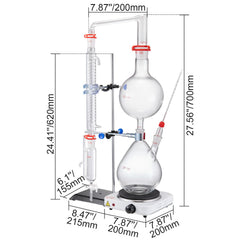 Essential Oil Distillation Kit, 2000ml Distillation Apparatus, 3.3 Boro Lab Glassware Distillation Kit with 1000W Heating Plate and 24, 40 Joint, 28 pcs Set