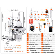 Essential Oil Distillation Kit, 500ml Distillation Apparatus, 3.3 Boro Lab Glassware Distillation Kit with 1000W Heating Plate and 24, 40 Joint, 33 pcs Set