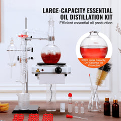 Essential Oil Distillation Kit, 500ml Distillation Apparatus, 3.3 Boro Lab Glassware Distillation Kit with 1000W Heating Plate and 24, 40 Joint, 33 pcs Set