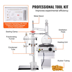 Essential Oil Distillation Kit, 500ml Distillation Apparatus, 3.3 Boro Lab Glassware Distillation Kit with 1000W Heating Plate and 24, 40 Joint, 33 pcs Set