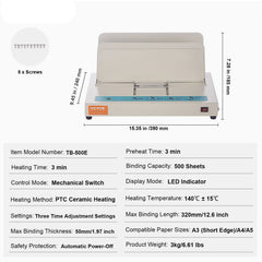 Thermal Binding Machine, 500 Sheets Capacity Book Binding Machine, Thermal Book Binder 50mm Binding Thickness A3(Short Edge)/A4/A5 Document, with Infrared Optical Detection