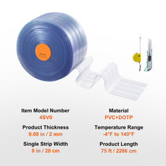 Strip Curtain, 2286 cm L x 20 cm W x 2 mm Thickness, Clear Ribbed PVC Curtain Strip Door Bulk Roll, Plastic Door Strips for Doorways of Supermarket, Garage, Warehouse, Barn, Pet Animal House