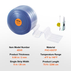 Strip Curtain, 2286 cm L x 20 cm W x 2 mm Thickness, Clear Ribbed PVC Curtain Strip Door Bulk Roll, Plastic Door Strips for Doorways of Supermarket, Garage, Warehouse, Barn, Pet Animal House