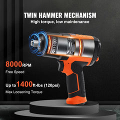 1/2-Inch Air Impact Wrench, High Torque Up to 1400 ft-lbs, Lightweight 4.6 lb Design Pneumatic Impact Gun with 11-PCS 1/2-Inch Drive CR-V Steel Impact Socket Set & Carrying Case