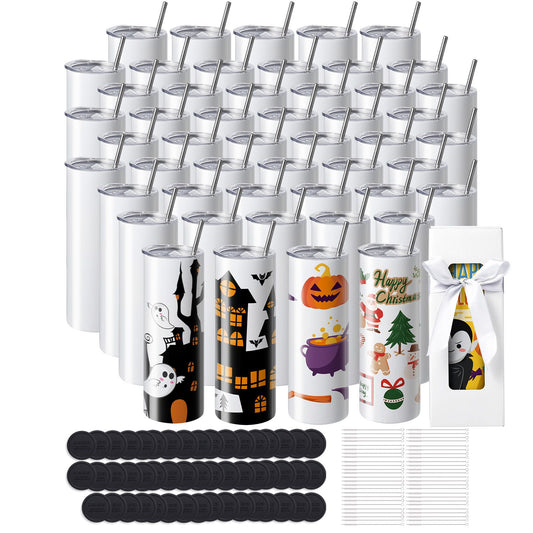 50 Pack Straight Sublimation Tumblers, 20 oz Blank Tumbler Bulk, Stainless Steel Double Wall Tumbler Cups with Straw, Lid, Brush, Base, Shrink Wrap, Gift Box, for Heat Press and Heat Transfer
