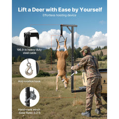 Truck Hitch Game Hoist, 300 lbs Load Capacity, Hunting Deer Hoist with 2-inch Receiver, 360-Degree Swivel Shaft & Adjustable Height, Includes Gambrel Winch for Skinning & Cleaning Game
