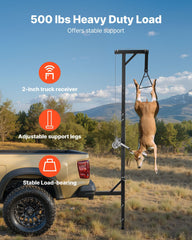 Truck Hitch Game Hoist, 500 lbs Load Capacity, Hunting Deer Hoist with 2-inch Receiver, 360-Degree Swivel Shaft & Adjustable Height, Includes Gambrel Winch for Skinning & Cleaning Game