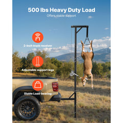 Truck Hitch Game Hoist, 500 lbs Load Capacity, Hunting Deer Hoist with 2-inch Receiver, 360-Degree Swivel Shaft & Adjustable Height, Includes Gambrel Winch for Skinning & Cleaning Game