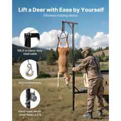 Truck Hitch Game Hoist, 500 lbs Load Capacity, Hunting Deer Hoist with 2-inch Receiver, 360-Degree Swivel Shaft & Adjustable Height, Includes Gambrel Winch for Skinning & Cleaning Game