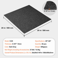 Carpet Tiles Reusable, 20"x 20" Carpet Squares With Padding Attached, Soft Padded Carpet Tiles, Easy Install DIY for Bedroom Living Room Indoor Outdoor (20 Tiles, Dark Gray)