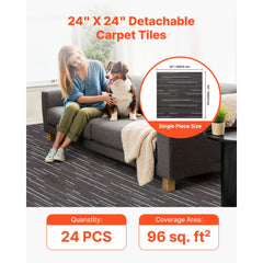 Carpet Tiles Reusable 610x610 mm, 24 PCS Modular Carpet Square Rug, Commercial Floor Soft Padded for Seamless Cover 8.9㎡, Easy DIY Replacement for Living Room Bedroom Office Indoor, Gray