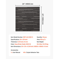 Carpet Tiles Reusable 610x610 mm, 24 PCS Modular Carpet Square Rug, Commercial Floor Soft Padded for Seamless Cover 8.9㎡, Easy DIY Replacement for Living Room Bedroom Office Indoor, Gray