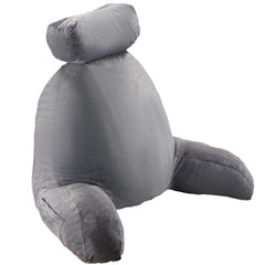 Reading Pillow, Large Bed Pillow with Removable Headrest, Back Pillow with 3 Pockets, Shredded Memory Foam and Washable Short Velvet Cloth, Side with Handles for Reading, Gaming, Resting, Grey