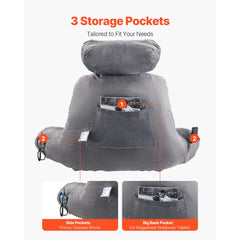 Reading Pillow, Large Bed Pillow with Removable Headrest, Back Pillow with 3 Pockets, Shredded Memory Foam and Washable Short Velvet Cloth, Side with Handles for Reading, Gaming, Resting, Grey