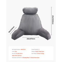 Reading Pillow, Large Bed Pillow with Removable Headrest, Back Pillow with 3 Pockets, Shredded Memory Foam and Washable Short Velvet Cloth, Side with Handles for Reading, Gaming, Resting, Grey
