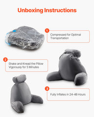Reading Pillow, Large Bed Pillow with Removable Headrest, Back Pillow with 3 Pockets, Shredded Memory Foam and Washable Short Velvet Cloth, Side with Handles for Reading, Gaming, Resting, Grey