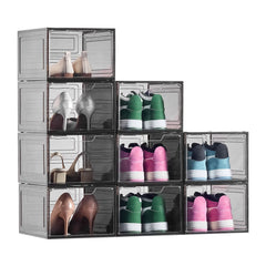 Shoe Storage Boxes, 9 Pack Clear Stackable Shoe Boxes Storage Organizers with Magnetic Door, Fit up to US Size 13, Plastic Sneaker Containers for High Heels, Boots, and Hats, Transparent Black