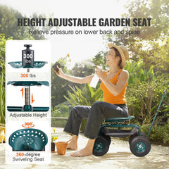 Garden Cart Rolling Workseat with Wheels, Gardening Stool for Planting, 360 Degree Swivel Seat, Wagon Scooter with Steering Handle & Utility Tool Tray, Use for Patio, Yard, and Outdoors, Green