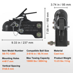 Adjustable Trailer Coupler, 2-5/16" Hitch Ball, 15000 lbs Capacity, Heavy Duty Cast Channel-Mount Coupler with Hardware Kit, Ideal for Towing Station Wagons, Pickup Trucks, SUVs, Black Coating