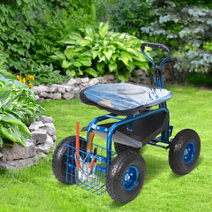 Rolling Garden Cart with Seat and Wheels Extendable Steer Handle Blue